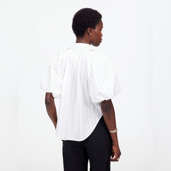 NWT Madewell Shirred Bubble-Sleeve Button-Up Shirt, White w/ Black Stripes, XXS - Picture 2 of 15